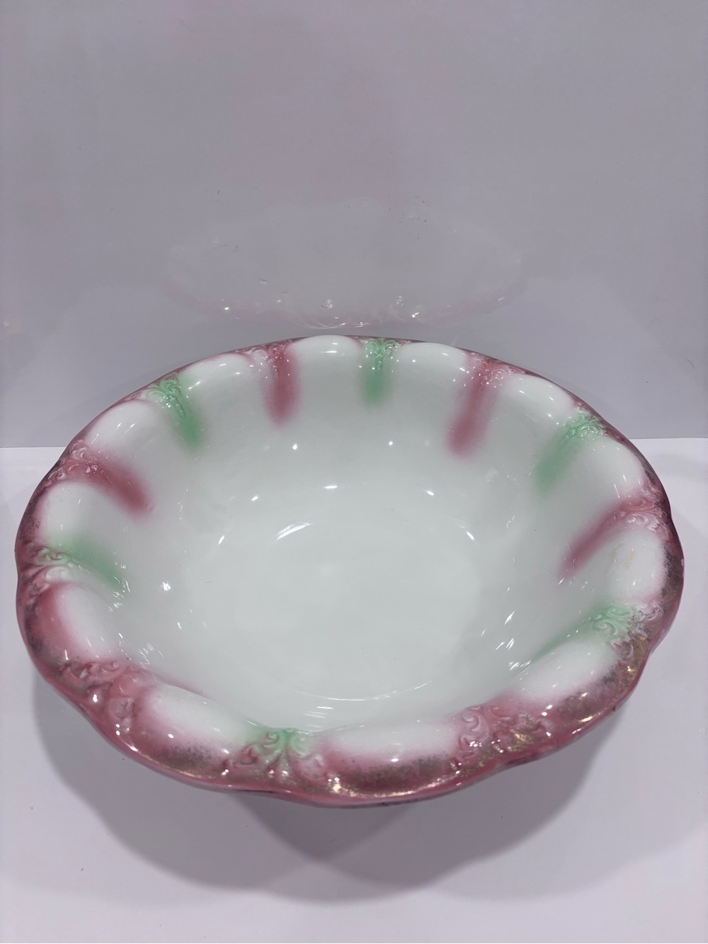 Antique Wood &Sons semi porcelain England large serving bowl pink green 15”